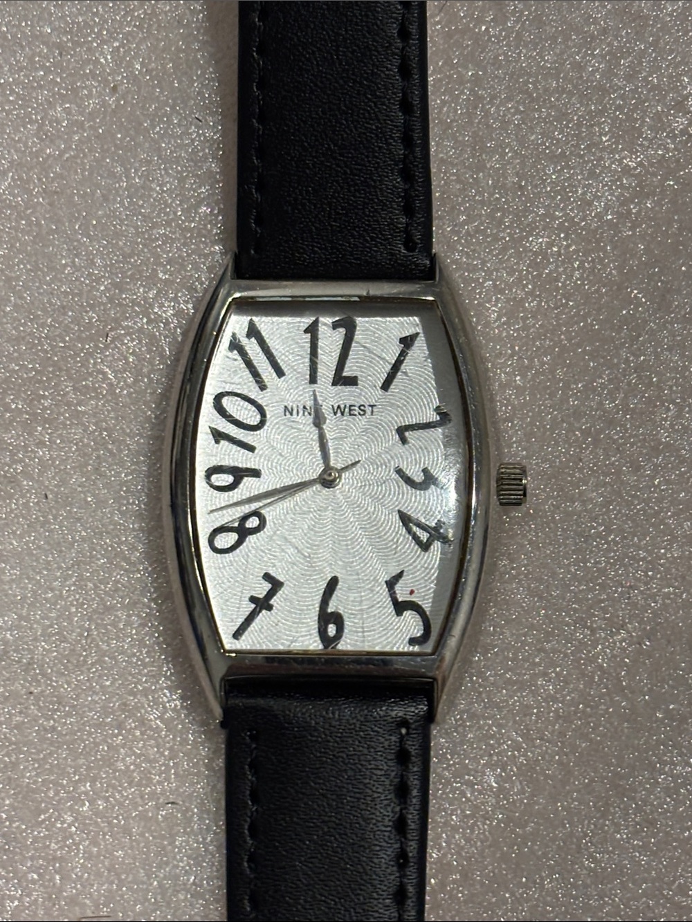 Nine West Silver-Tone Tonneau Watch with Black Leather Strap